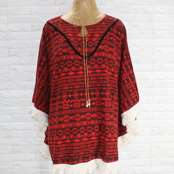 EARTHBOUND Poncho Knit Cape Fringe Stripe Suede Oversized Topper Red One Size - Picture 1 of 12
